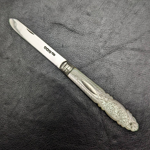 1912 British Antique White Pearl Shell Handle Pure Silver Blade Folding Pen Knife